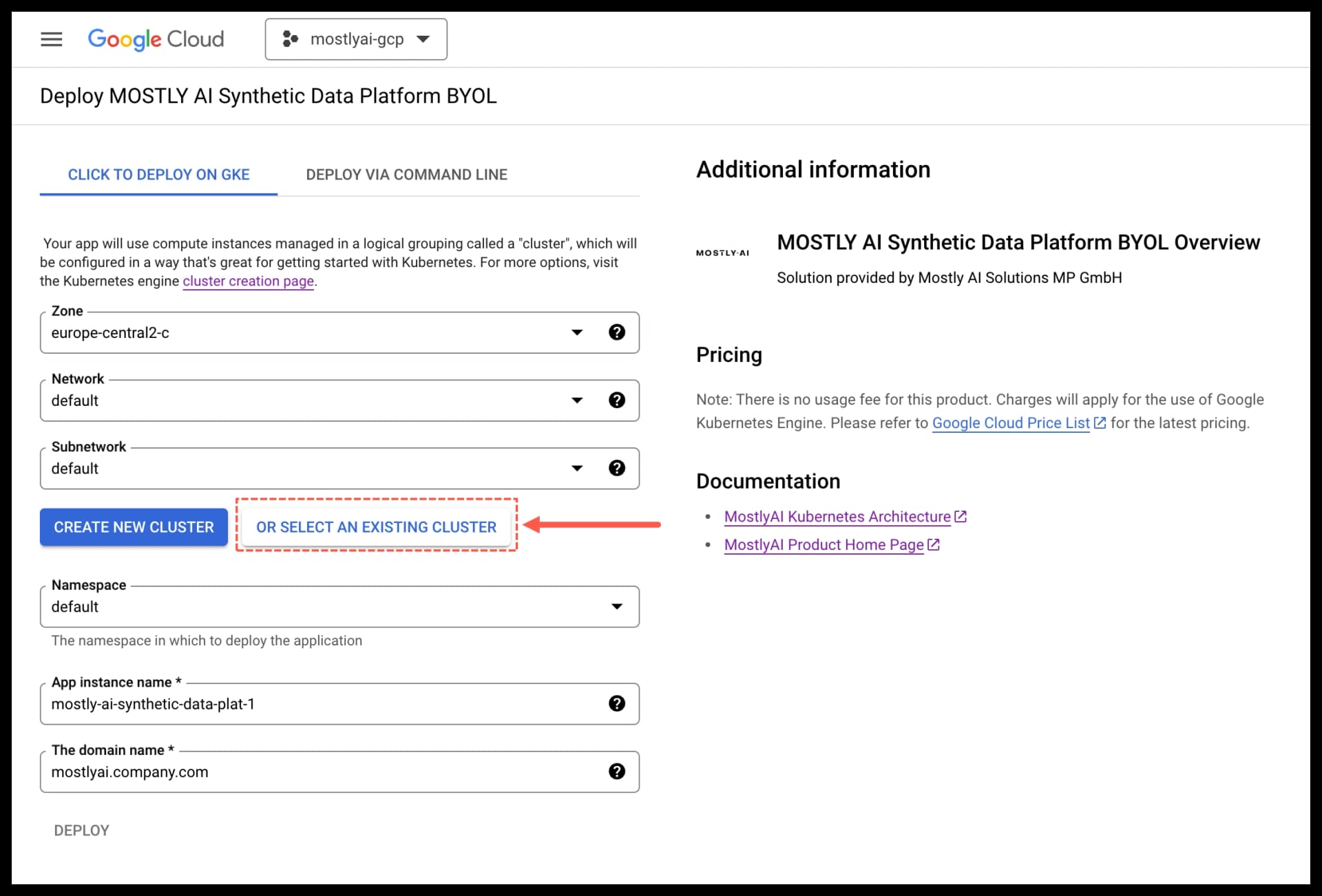 GCP Marketplace - Select existing cluster