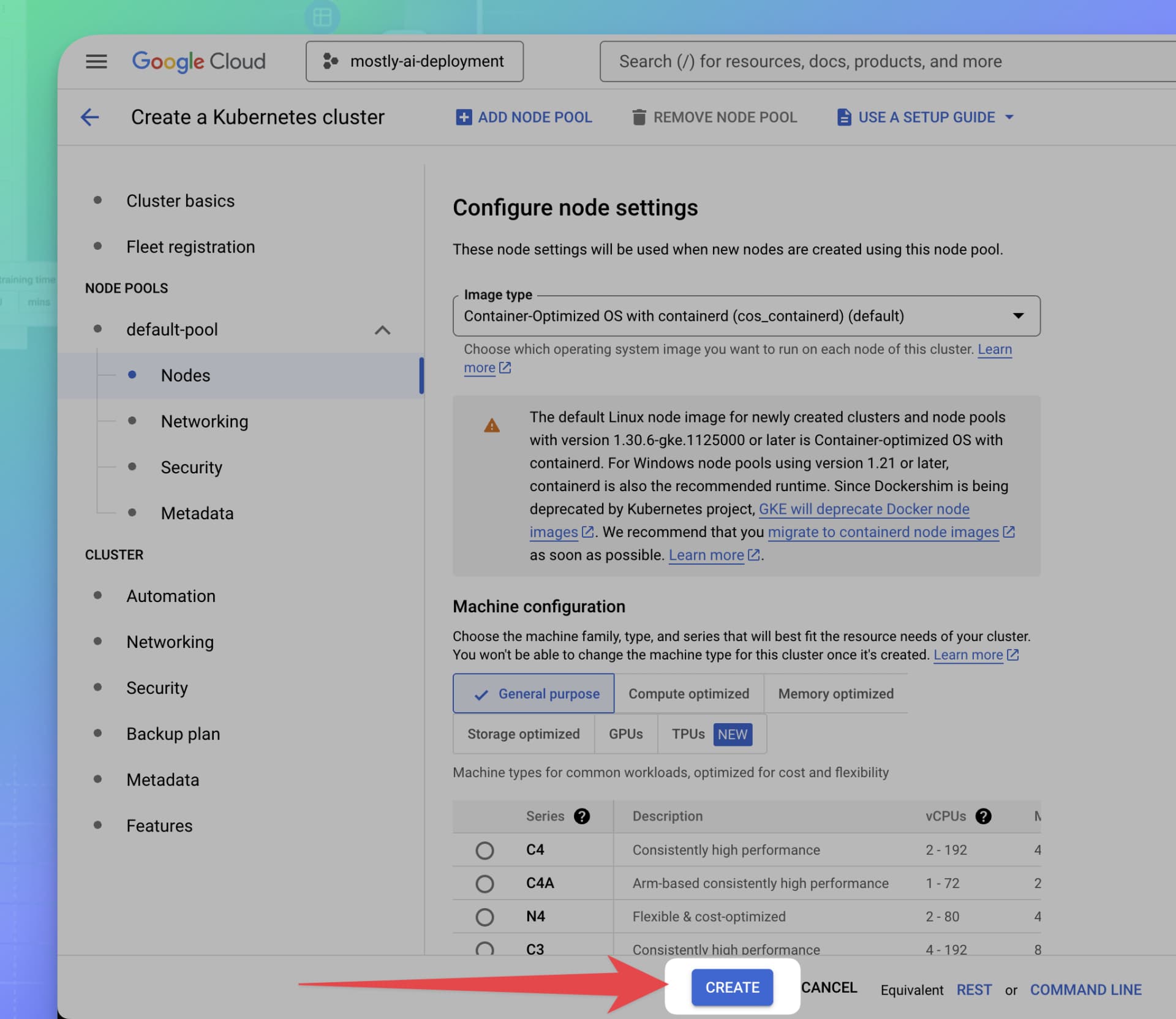 Google Cloud GKE - Click CREATE